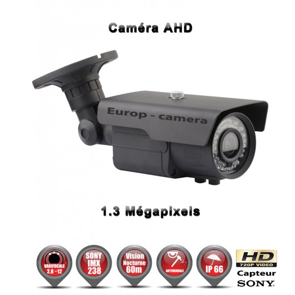 Caméra de vidéo surveillance tube technologie AHD Anti-vandal HD 720P 1/3 Capteur Sony IMX 238 Objectif réglable Varifocal 2,8-12mm avec Fonction contre jour D-WDR et Menu OSD 3DNR - Etanche IR 60m / Ref : EC-AHDC60 Gris anthracite