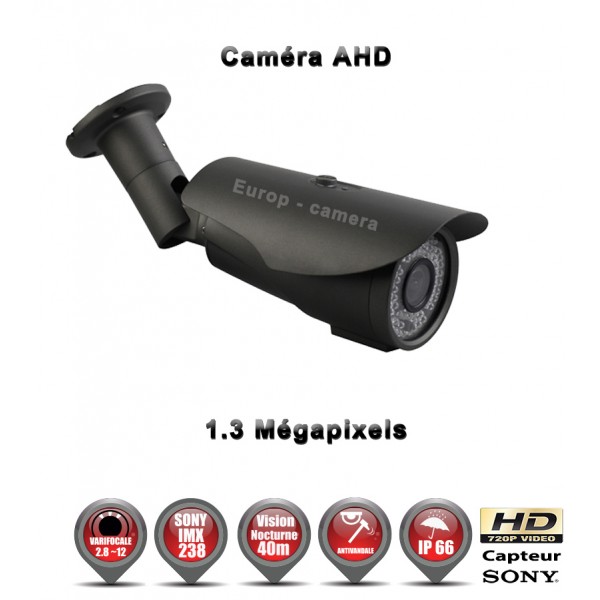 Caméra de vidéo surveillance tube technologie AHD Anti-vandal HD 720P 1/3 Capteur Sony IMX 238 Objectif réglable Varifocal 2,8-12mm avec Fonction contre jour D-WDR et Menu OSD 3DNR - Etanche IR 40m / Ref : EC-AHDC40 Noir