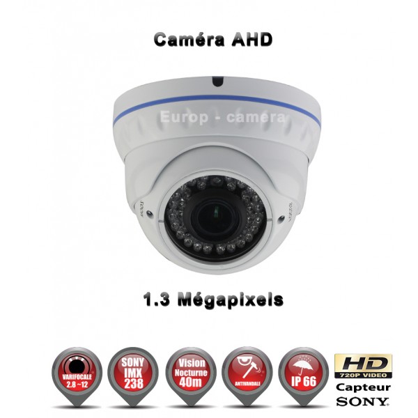 Caméra de vidéo surveillance dômes technologie AHD Anti-vandal HD 720P 1/3 Capteur Sony IMX 238 Objectif réglable Varifocal 2,8-12mm avec Fonction contre jour D-WDR et Menu OSD 3DNR - Etanche IR 35m / Ref : EC-AHDD30 Gris anthracite