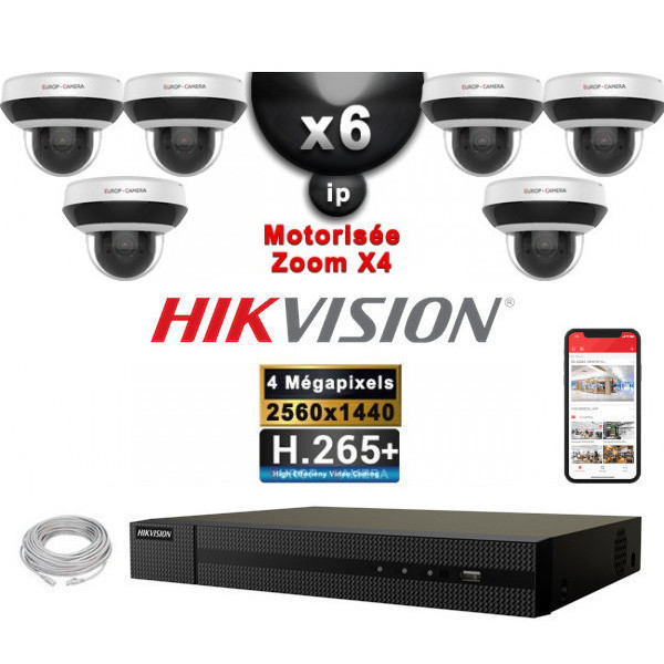 Kit Vidéo Surveillance PRO IP HIKVISION : 6x Caméras POE Dômes motorisée IR 20M 4MP + Enregistreur NVR 8 canaux H265+ 2000 Go