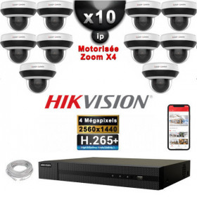 Kit Vidéo Surveillance PRO IP 10x Caméras POE Dômes PTZ motorisée IR 20M 4 MegaPixels + Enregistreur NVR 16 canaux H265+ 3000Go