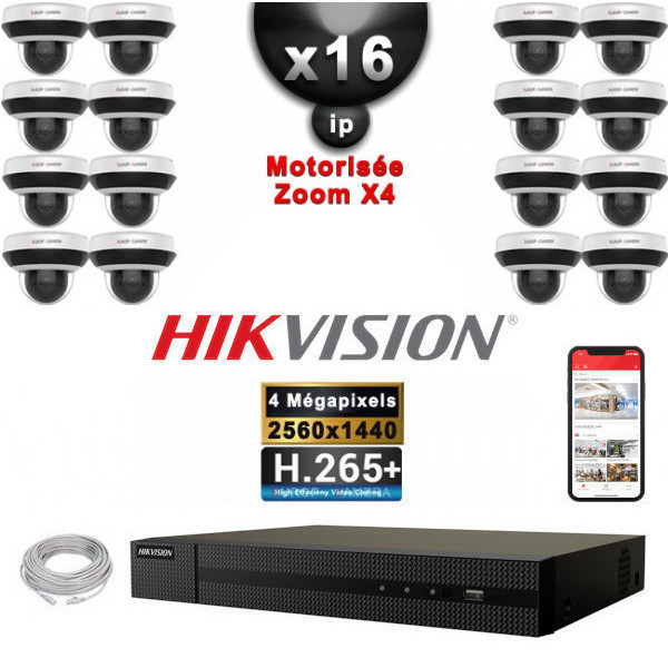 Kit Vidéo Surveillance PRO IP 16x Caméras POE Dômes PTZ motorisée IR 20M 4 MegaPixels + Enregistreur NVR 25 canaux H265+ 3000Go