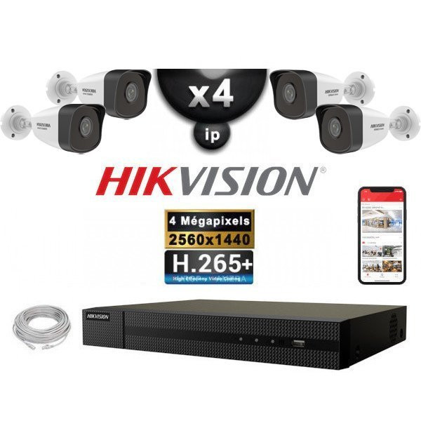 Kit Vidéo Surveillance PRO IP HIKVISION : 4x Caméras POE Tubes IR 30M 4 MP + Enregistreur NVR 4 canaux H265+ 2000 Go