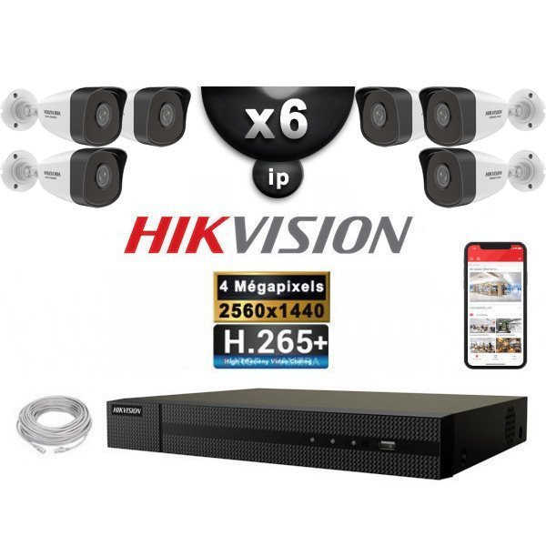 Kit Vidéo Surveillance PRO IP HIKVISION : 6x Caméras POE Tubes IR 30M 4 MP + Enregistreur NVR 8 canaux H265+ 2000 Go