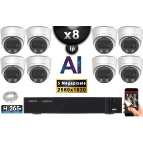 Kit Vidéo Surveillance PRO IP : 8x Caméras POE Dômes AI LED 30M Capteur SONY 5 MP + Enregistreur NVR 16 canaux H265+ 2000 Go