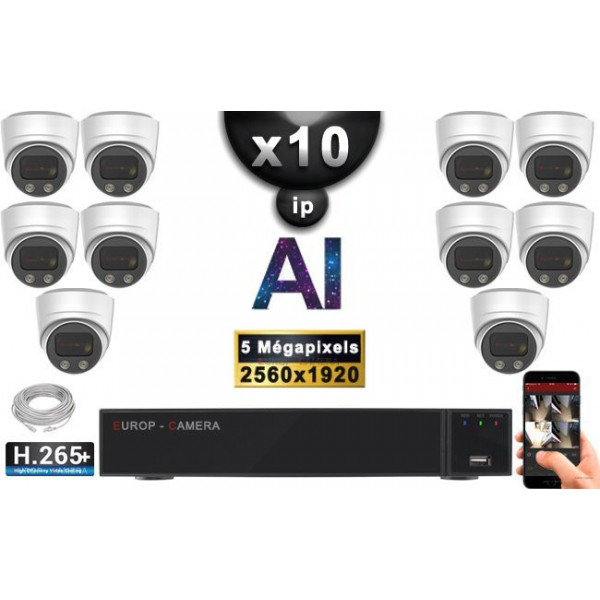 Kit Vidéo Surveillance PRO IP : 10x Caméras POE Dômes AI IR 25M Capteur SONY 5 MP + Enregistreur NVR 16 canaux H265+ 3000 Go