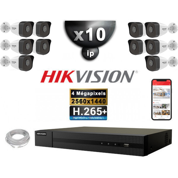 Kit Vidéo Surveillance PRO IP HIKVISION : 10x Caméras POE Tubes IR 30M 4 MP + Enregistreur NVR 16 canaux H265+ 3000 Go