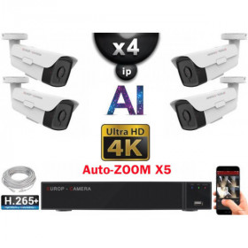 Kit Vidéo Surveillance PRO IP 4x Caméras POE Tubes AI AUTOZOOM X5 LED 50M UHD 4K + Enregistreur NVR 8 canaux H265+ 4K 2000 Go