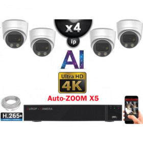 Kit Vidéo Surveillance PRO IP 4x Caméras POE Dômes AI AUTOZOOM X5 IR 30M UHD 4K + Enregistreur NVR 8 canaux H265+ 4K 2000 Go