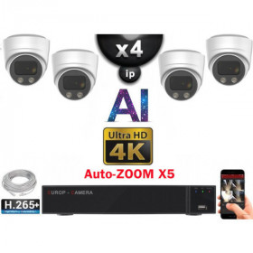 Kit Vidéo Surveillance PRO IP 4x Caméras POE Dômes AI AUTOZOOM X5 LED 40M UHD 4K + Enregistreur NVR 8 canaux H265+ 4K 2000 Go