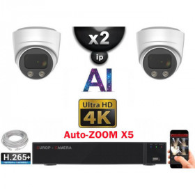 Kit Vidéo Surveillance PRO IP 2x Caméras POE Dômes AI AUTOZOOM X5 IR 30M UHD 4K + Enregistreur NVR 8 canaux H265+ 4K 1000 Go