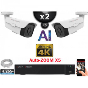 Kit Vidéo Surveillance PRO IP 2x Caméras POE Tubes AI AUTOZOOM X5 IR 60M UHD 4K + Enregistreur NVR 8 canaux H265+ 4K 1000 Go