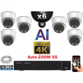 Kit Vidéo Surveillance PRO IP 6x Caméras POE Dômes AI AUTOZOOM X5 LED 40M UHD 4K + Enregistreur NVR 10 canaux H265+ 4K 2000 Go