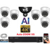 Kit Vidéo Surveillance PRO IP 6x Caméras POE Dômes AI AUTOZOOM X5 IR 25M UHD 4K + Enregistreur NVR 10 canaux H265+ 4K 2000 Go