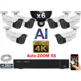 Kit Vidéo Surveillance PRO IP 6x Caméras POE Tubes AI AUTOZOOM X5 IR 60M UHD 4K + Enregistreur NVR 8 canaux H265+ 4K 2000 Go