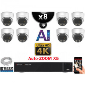 Kit Vidéo Surveillance PRO IP 8x Caméras POE Dômes AI AUTOZOOM X5 IR 30M UHD 4K + Enregistreur NVR 10 canaux H265+ 4K 3000 Go