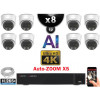 Kit Vidéo Surveillance PRO IP 8x Caméras POE Dômes AI AUTOZOOM X5 IR 25M UHD 4K + Enregistreur NVR 10 canaux H265+ 4K 3000 Go