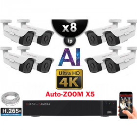 Kit Vidéo Surveillance PRO IP 8x Caméras POE Tubes AI AUTOZOOM X5 IR 60M UHD 4K + Enregistreur NVR 10 canaux H265+ 4K 3000 Go