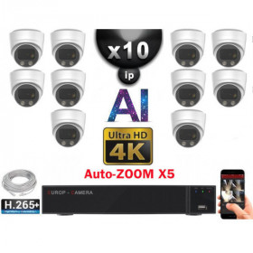 Kit Vidéo Surveillance PRO IP 10x Caméras POE Dômes AI AUTOZOOM X5 IR 30M UHD 4K + Enregistreur NVR 30 canaux H265+ 4K 3000 Go