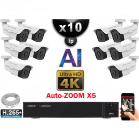 Kit Vidéo Surveillance PRO IP 10x Caméras POE Tubes AI AUTOZOOM X5 IR 60M UHD 4K + Enregistreur NVR 30 canaux H265+ 4K 3000 Go