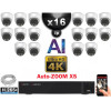 Kit Vidéo Surveillance PRO IP 16x Caméras POE Dômes AI AUTOZOOM X5 IR 25M UHD 4K + Enregistreur NVR 32 canaux H265+ 4K 3000 Go