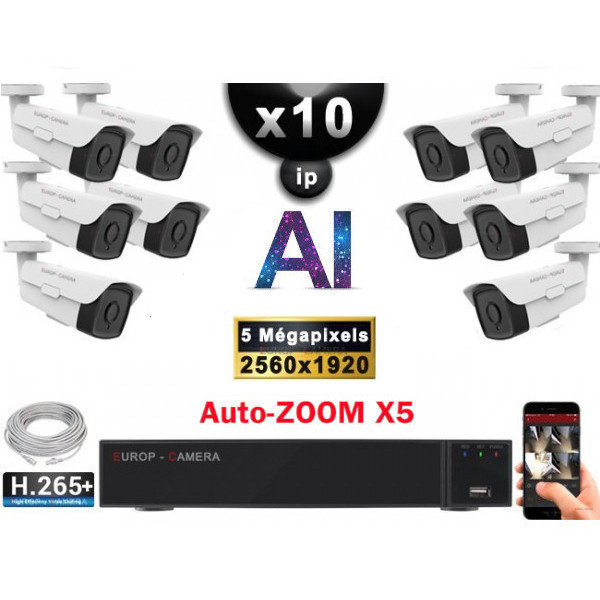 Kit Vidéo Surveillance PRO IP : 10x Caméras POE Tubes AI AUTOZOOM X5 IR 60M SONY 5 MP + Enregistreur NVR 16 canaux H265+ 3000 Go