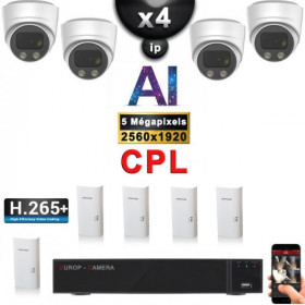Kit Vidéo Surveillance PRO IP CPL : 4x Caméras POE Dômes AI IR 25M Capteur SONY 5 MP + Enregistreur NVR 9 canaux H265+ 2000 Go