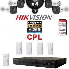 Kit Vidéo Surveillance PRO IP CPL HIKVISION : 4x Caméras POE Tubes IR 30M 4 MP + Enregistreur NVR 4 canaux H265+ 2000 Go