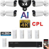 Kit Vidéo Surveillance PRO IP CPL 4x Caméras POE Tubes AI LED 30M Capteur SONY UHD 4K + Enregistreur NVR 8 canaux H265+ 3000 Go