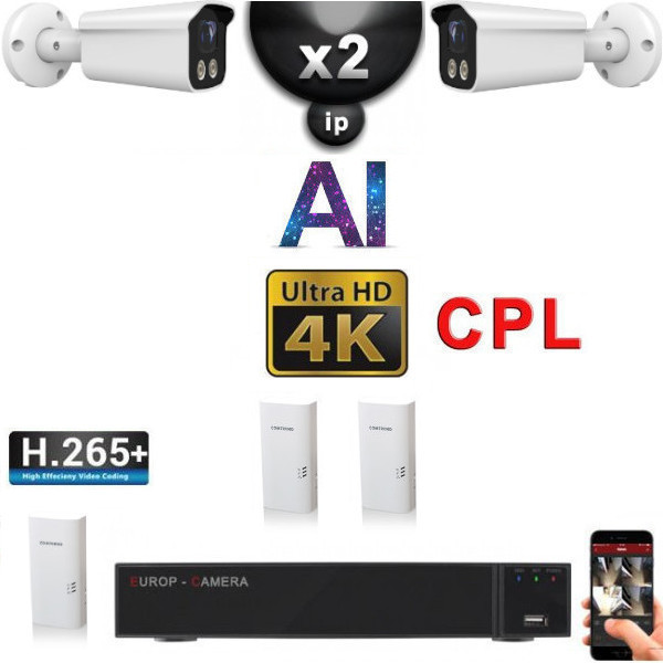 Kit Vidéo Surveillance PRO IP CPL 2x Caméras POE Tubes AI IR 25M Capteur  SONY UHD 4K + Enregistreur NVR 8 canaux H265+ 2000 Go E