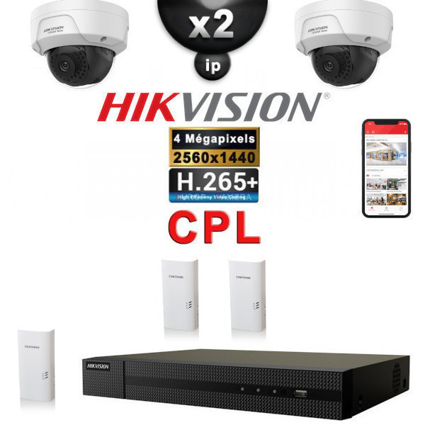 Kit Vidéo Surveillance PRO IP CPL HIKVISION 2x Caméras POE Dômes IR
