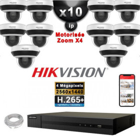 Kit Vidéo Surveillance PRO IP 10x Caméras POE Dômes PTZ motorisée IR 20M 4 MegaPixels + Enregistreur NVR 16 canaux H265+ 3000Go