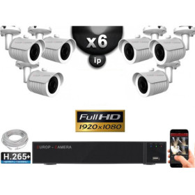 Kit Vidéo Surveillance PRO IP : 6x Caméras POE Tubes IR 25M FULL HD 1080P + Enregistreur NVR 16 canaux H265+ 2000 Go