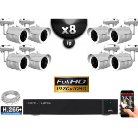 Kit Vidéo Surveillance PRO IP : 8x Caméras POE Tubes IR 25M FULL HD 1080P + Enregistreur NVR 16 canaux H265+ 3000 Go