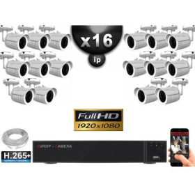 Kit Vidéo Surveillance PRO IP : 16x Caméras POE Tubes IR 25M FULL HD 1080P + Enregistreur NVR 25 canaux H265+ 3000 Go