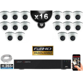 Kit Vidéo Surveillance PRO IP : 16x Caméras POE Dômes IR 20M FULL HD 1080P + Enregistreur NVR 25 canaux H265+ 3000 Go