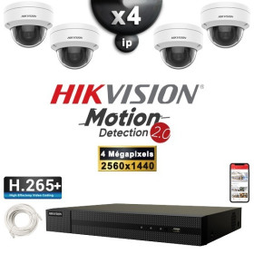 Kit Vidéo Surveillance PRO IP HIKVISION : 4x Caméras POE Dômes IR 30M 4 MP Détection 2.0 + Enregistreur NVR 4 canaux 2000 Go