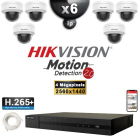 Kit Vidéo Surveillance PRO IP HIKVISION : 6x Caméras POE Dômes IR 30M 4 MP Détection 2.0 + Enregistreur NVR 8 canaux 2000 Go
