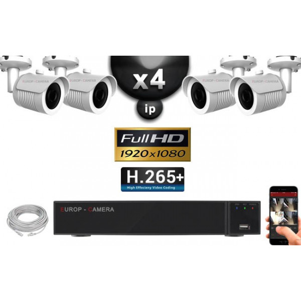 Kit Vidéo Surveillance PRO IP : 4x Caméras POE Tubes IR 30M Capteur SONY 1080P + Enregistreur NVR 9 canaux H265+ 2000 Go