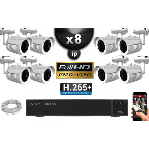Kit Vidéo Surveillance PRO IP : 8x Caméras POE Tubes IR 30M Capteur SONY 1080P + Enregistreur NVR 16 canaux H265+ 3000 Go