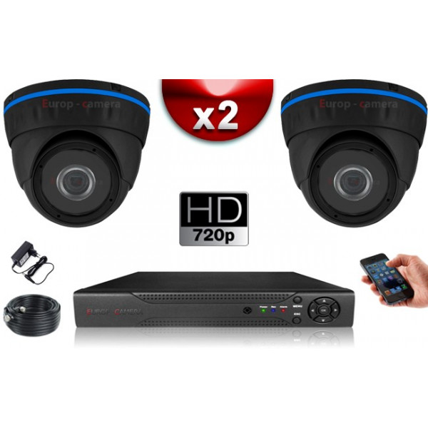 KIT ECO AHD : 2 Caméras Dômes CMOS HD 720P + Enregistreur XVR H265+ 500 Go / Pack de vidéo surveillance
