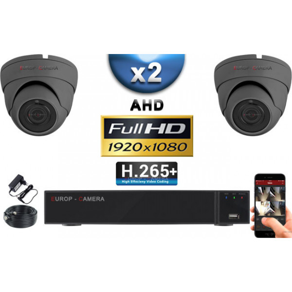 KIT PRO AHD 2 Caméras Dômes IR 20m Capteur SONY FULL HD 1080P + Enregistreur XVR 5MP H265+ 1000 Go / Pack vidéo surveillance
