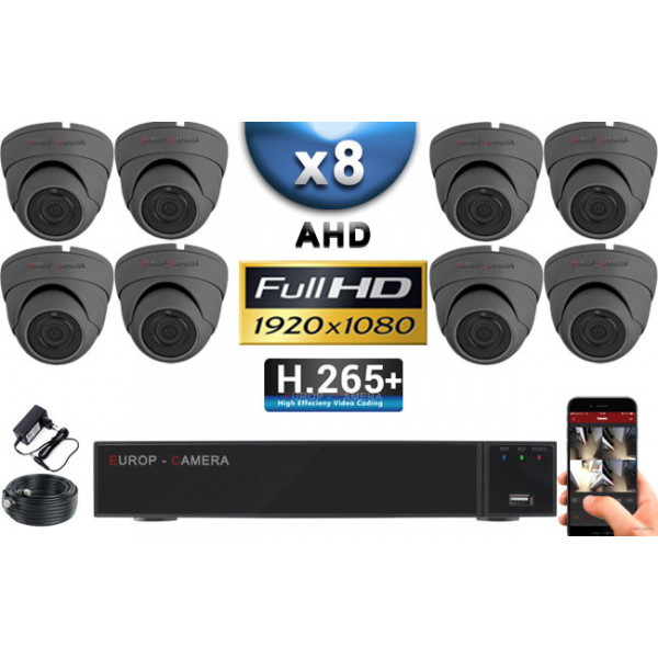 KIT PRO AHD 8 Caméras Dômes IR 20m Capteur SONY FULL HD 1080P + Enregistreur XVR 5MP H265+ 3000 Go / Pack vidéo surveillance