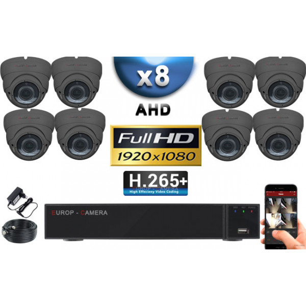 KIT PRO AHD 8 Caméras Dômes IR 35m Capteur SONY FULL HD 1080P + Enregistreur XVR 5MP H265+ 3000 Go / Pack vidéo surveillance
