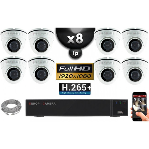 Kit Vidéo Surveillance PRO IP : 8x Caméras POE Dômes IR 20M Capteur SONY 1080P + Enregistreur NVR 16 canaux H265+ 3000 Go