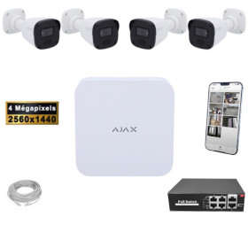 Kit Vidéo Surveillance PRO IP AJAX / SAFIRE : 4x Caméras POE Tubes IR 20M 4 MP + Enregistreur NVR 8 canaux H265+ 1000 Go