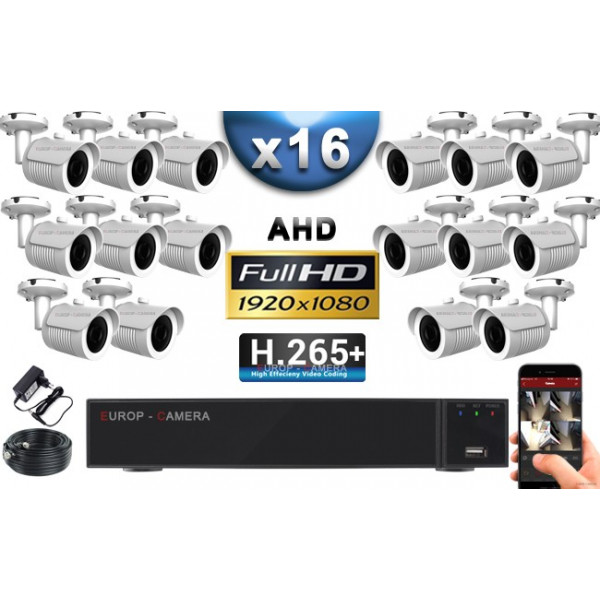 KIT PRO AHD 16 Caméras Tubes IR 30m Capteur SONY FULL HD 1080P + Enregistreur XVR 5MP H265+ 3000 Go / Pack vidéo surveillance