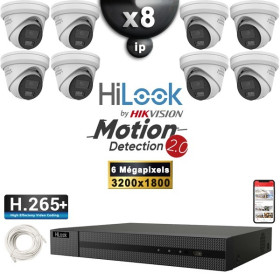 Kit Vidéo Surveillance IP HiLooK : 8x Caméras POE Dômes LED 30M 6 MP - Détection 2.0 + Enregistreur NVR 8 canaux 2000 Go