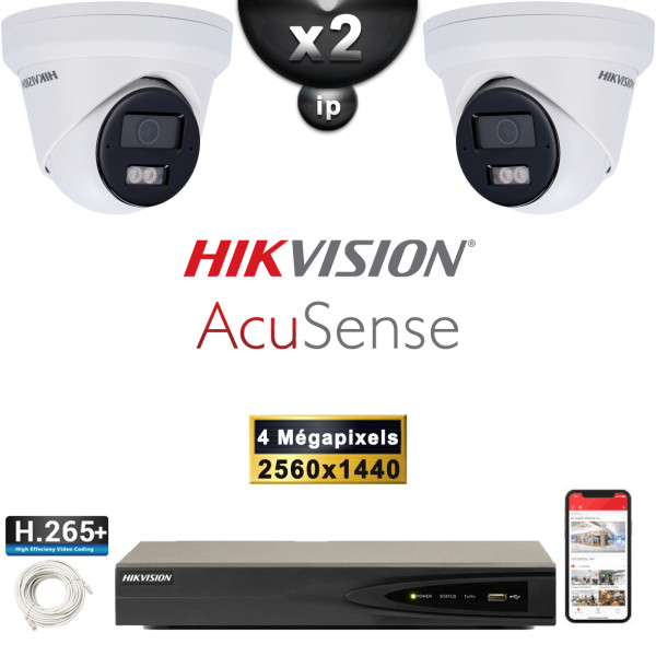 Kit Vidéo Surveillance PRO IP HIKVISION : 2x Caméras POE Dômes LED 30M 4 MP AcuSense + Enregistreur NVR 4 canaux 1000 Go
