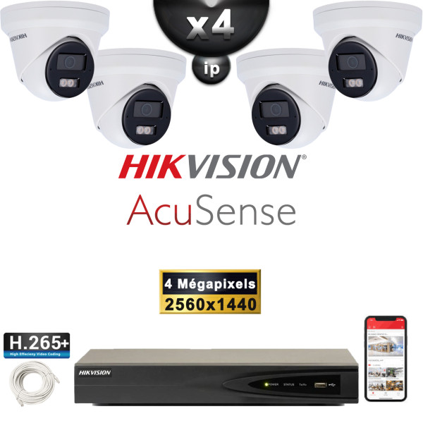 Kit Vidéo Surveillance PRO IP HIKVISION : 4x Caméras POE Dômes LED 30M 4 MP AcuSense + Enregistreur NVR 4 canaux 2000 Go